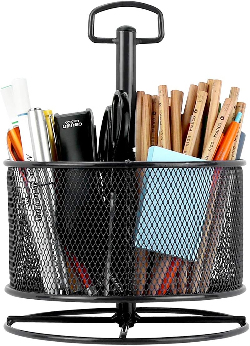 Whiidoom Mesh Desk Organizer 360°Rotating Metal Pen Holder Multifunctional 4 Compartments Desk Stationary Organizers Art Supplies Storage for Home Office Classroom (Black)