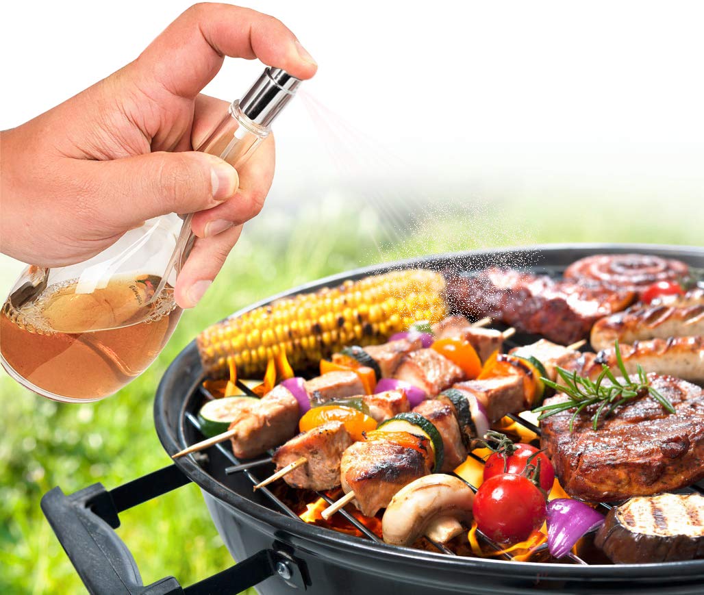 Olive Oil Dispenser and Vinegar Oil Sprayer For Cooking - 6.1 Oz Food Grade Pourer Mister Spritzer Spray Pump kitchen bottle with stainless steel top - Perfect for cooking oils, air fryer, BBQ, grill