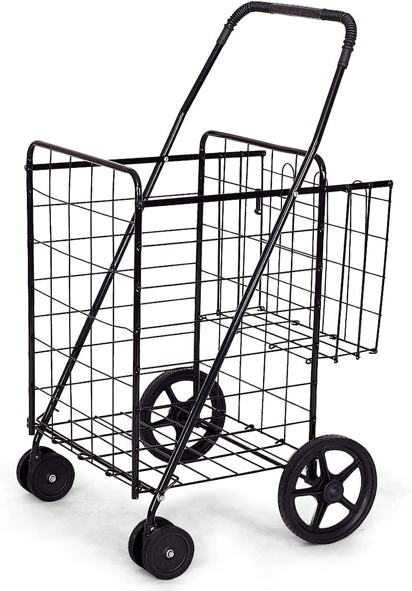 Goplus Folding Shopping Cart Jumbo Double Basket Perfect for Grocery Laundry Book Luggage Travel with Swivel Wheels Utility Cart (Black) : Office Products