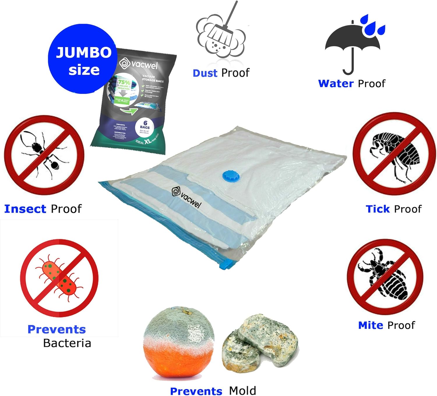 Vacwel Jumbo Vacuum Storage Bags for Clothes, Quilts, Pillows, Space Saver Size 43x30” Extra Strong (Pack of 6): Home & Kitchen
