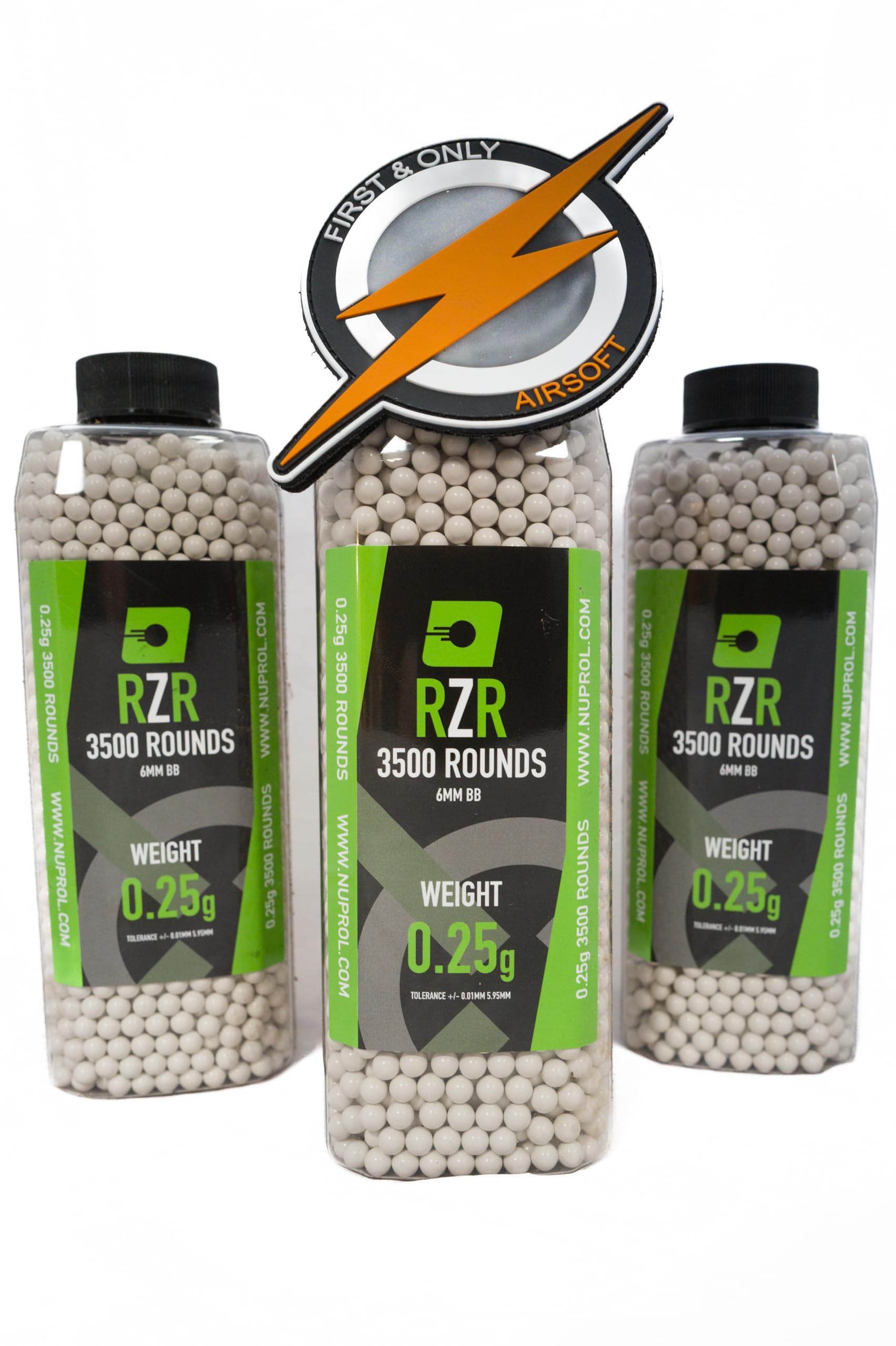 3 x bottle Nuprol RZR .25 airsoft gun 6mm BBs and F&O patch deal. For use in BB guns pistols, rifles, snipers and shotguns a true quality made BB that fits all 6mm magazines.