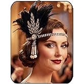 Gortin 1920's Flapper Feather Headband Art Deco Great Gatsby Headpiece Inspired Leaf Medallion Pearl Headband Bride Wedding Headdress Rhinestones Flapper Feather Hair Accessory for Women and Girls