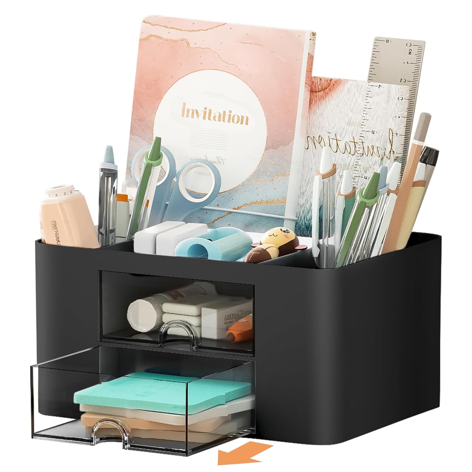 Photo 1 of Vimbo Stationary Organiser 7-Grid Desk Organizer with Drawer – Multifunctional Plastic Table Organizer & Pen Holder for School, Office, and Home (Black)
