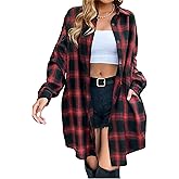 Zontroldy Womens Button Down Flannel Plaid Shirts Mid Long Casual Boyfriend Buffalo Pockets Shirt Jacket Shacket Coat