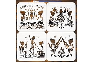FINGERINSPIRE 4Pcs Friendship Camping Party Stencils with a Brush 7.9x7.9Inch Beauty Painting Stencils Woman Pattern Stencil 