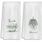 COWEB Boho Botanical Bathroom Hand Towels Set of 2, Breathe Unwind Decorative Hand Towels for Gym Yoga Spa Bathroom Decor, 16x24 Inches