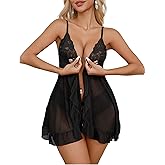 PITINAN Womens Lingerie Sexy Lingerie for Women Lace Babydoll Open Front Mesh Chemise Negligee S-3XL