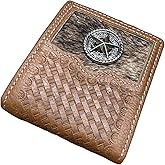 Western Stakes Men’s Short Leather Wallet – Hair-On Cowhide Bifold with Lone Star Concho and Basketweave Tooled Leather – Western Cowboy Wallet for Ranchers & Texas Gift Ideas