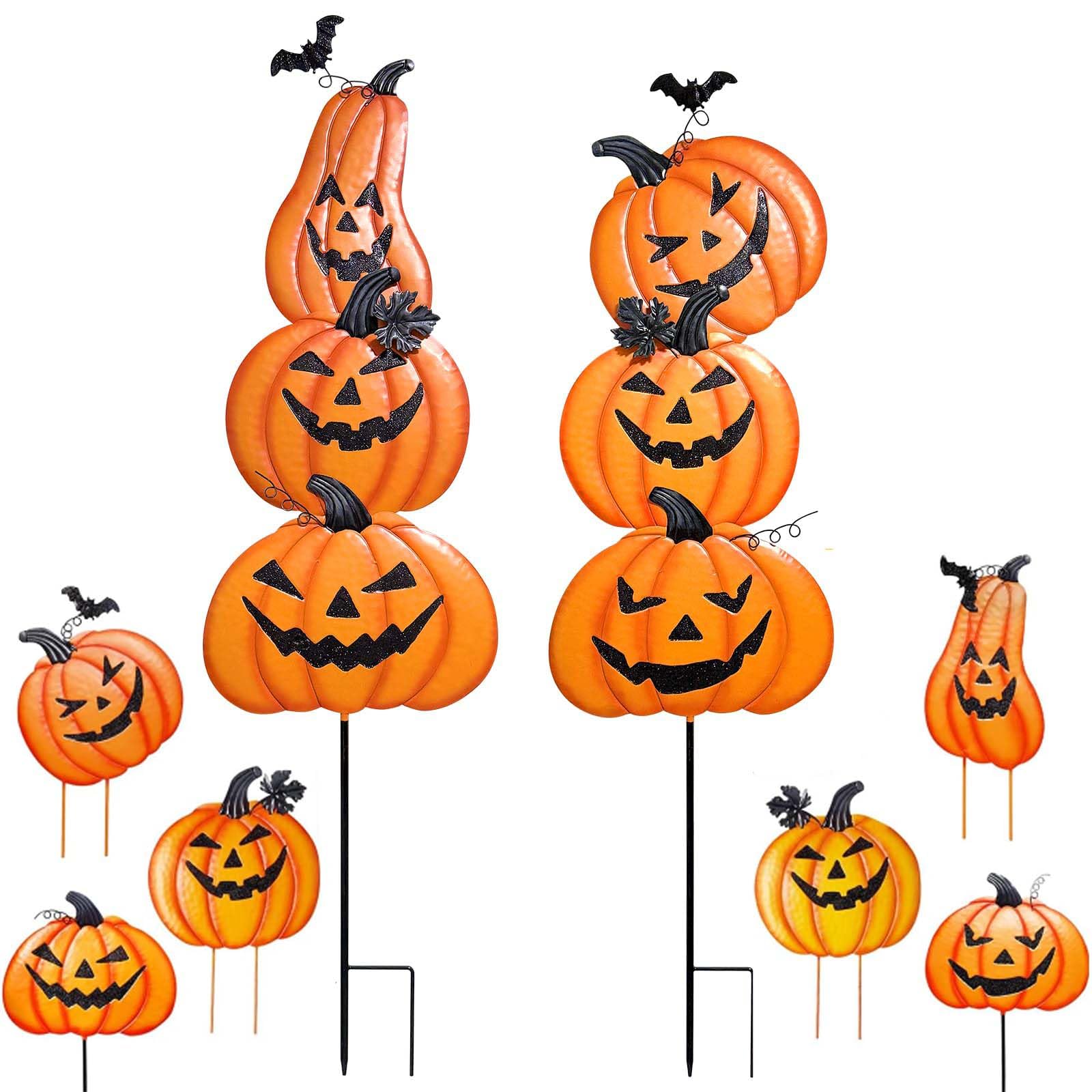 Photo 1 of 2 Pack Halloween Garden Stakes for Yard, Outdoor Party Décor Stacked Metal Pumpkins Jack-o-Lantern Lawn Decor, Yard Signs Stake Outdoor Decorative Pumpkin Home Lawn Pathway Driveway Decorations