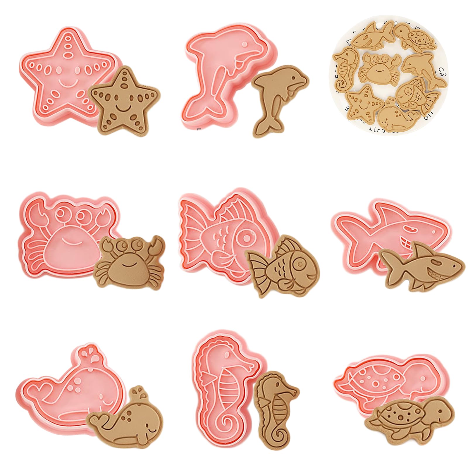 WishesMar Cartoon Sea Ainmal Aquatic Creatures Shape Cookie Cutters Set 8 Pieces 3D Biscuit Cutter Kit - Biscuit Cookie Cutters Stamp for Baking DIY Fondant Festive Decoration