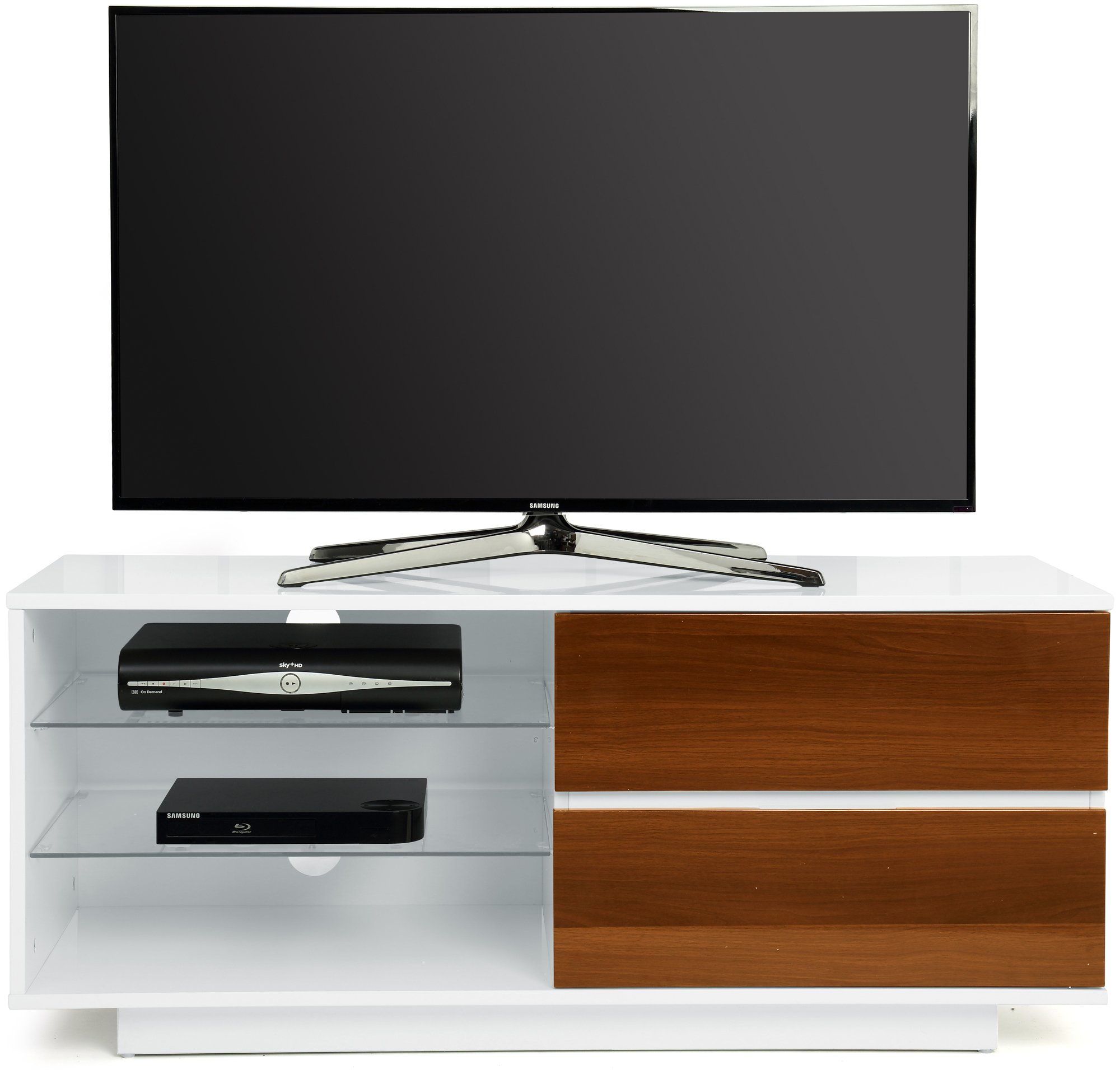 Centurion Gallus Gloss White 2-Walnut Drawers 3-Shelf TV Stand
