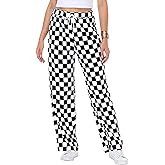 Remimi Womens Checkered Pants Casual Loose Wide Leg Sweatpants with Pockets