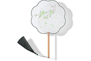 YUELAI Translucent Silk Embroidered Hand Held Fan, Chinese Round Fan, Ancient Hand Fan,Traditional Palace Paddle Dance Fan, Vintage Double-Sided Pattern Fan（Green Plum Blossom）