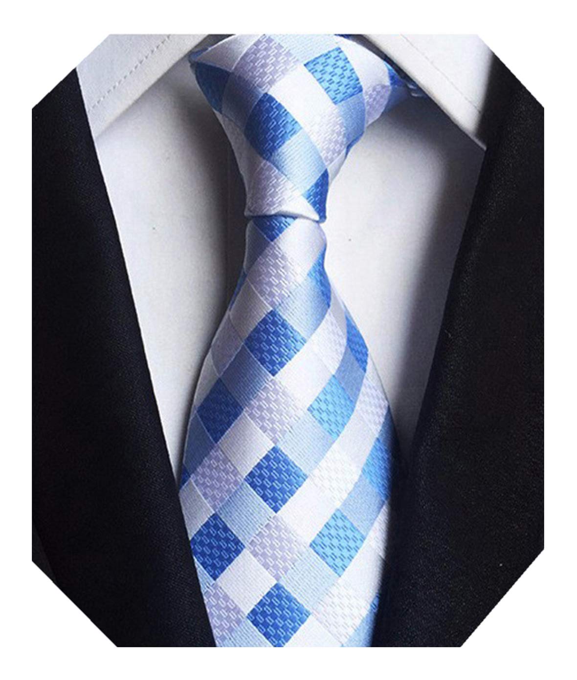 Wehug Men's Classic Plaid Tie Silk Woven Necktie Jacquard Neck White Blue Ties For Men EU-LH0001