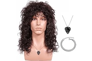 FantaLook 70 80s Long Curly Dark Brown Cosplay Wig with Necklace and Mater Bracelet for Halloween