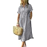 ebossy Women's Boho Striped Shirt Dress Button Up Side Slit Loose Mid Long Cotton Dress with Pockets