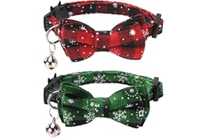 Lamphyface 2 Pack/Set Christmas Cat Collar Breakaway with Cute Bow Tie and Bell for Kitty Adjustable Safety Plaid