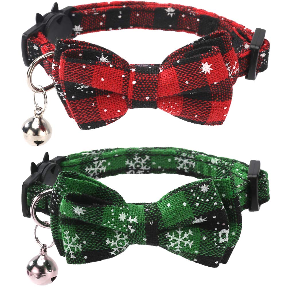 Photo 1 of 2 Pack/Set Christmas Cat Collar Breakaway with Cute Bow Tie and Bell for Kitty Adjustable Safety Plaid