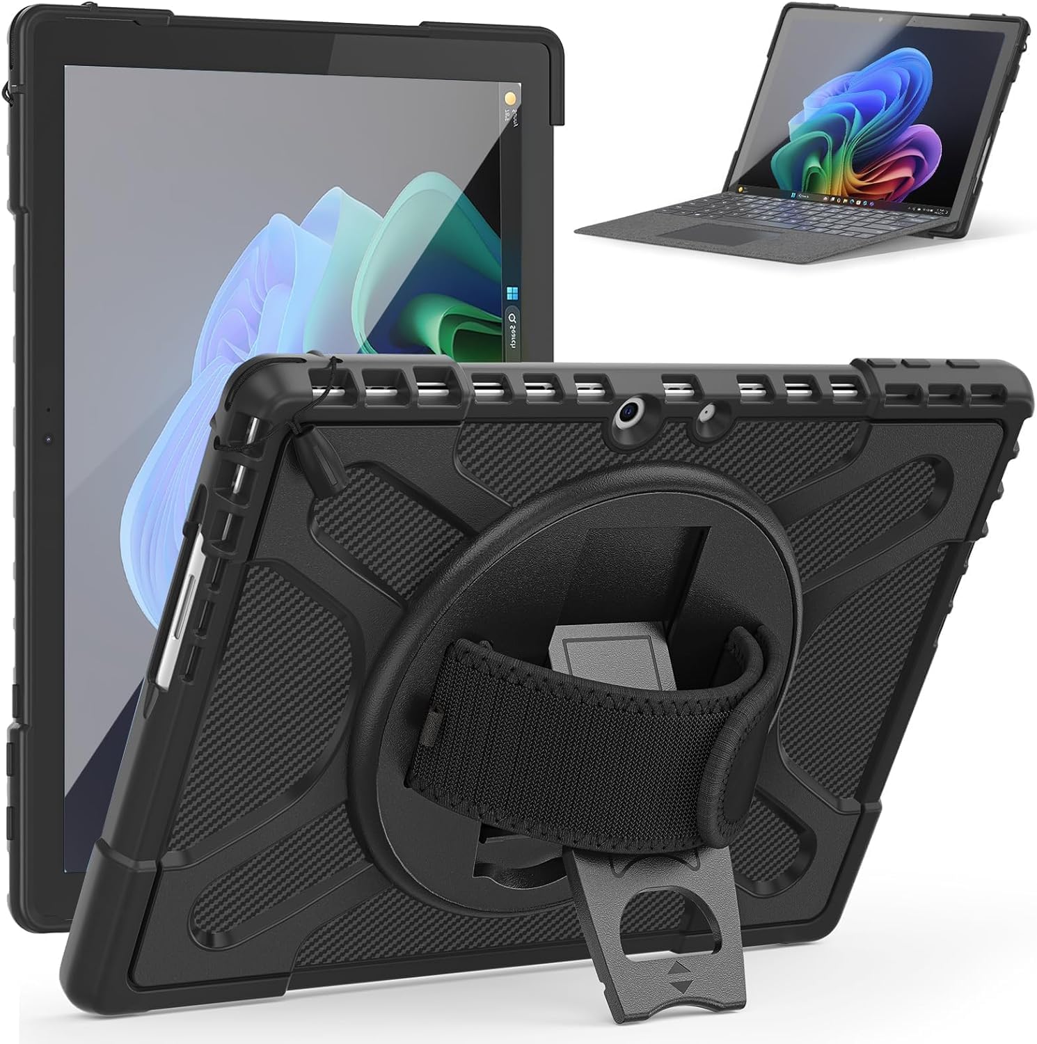 Junfire Case for Microsoft Surface Pro 11 (2024) / 10 / Pro 9 13 inch, Rugged Protective Cover with Kickstand Hand Strap & Pen Holder, Compatible with Type Cover Keyboard, Black
