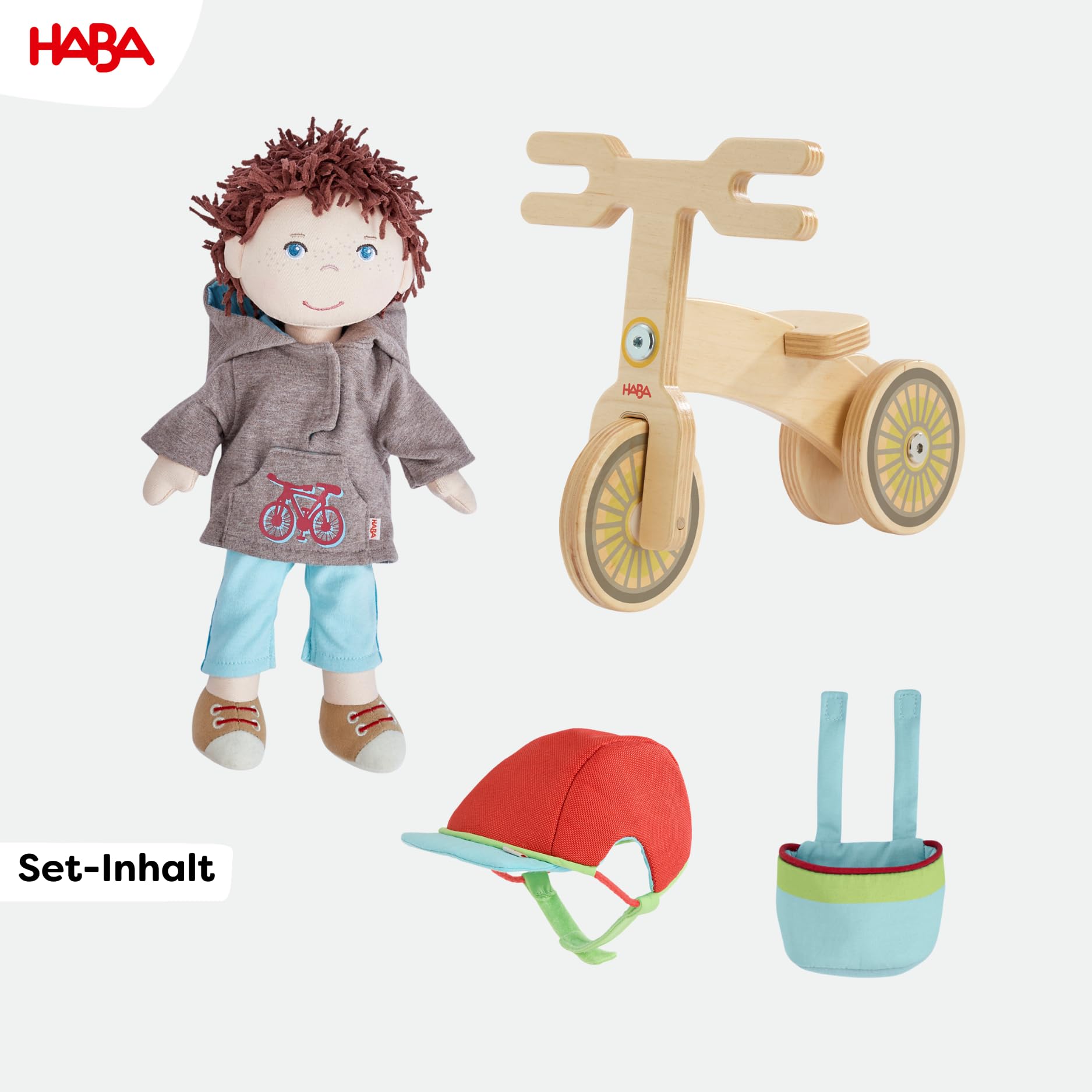 HABA Laufrad-Set Lian – Holz-Laufrad mit Puppe Lian, Fahrradhelm und Fahrradkorb – Fahrrad mit Doppelrad für sicheren Stand – 2011905001 2