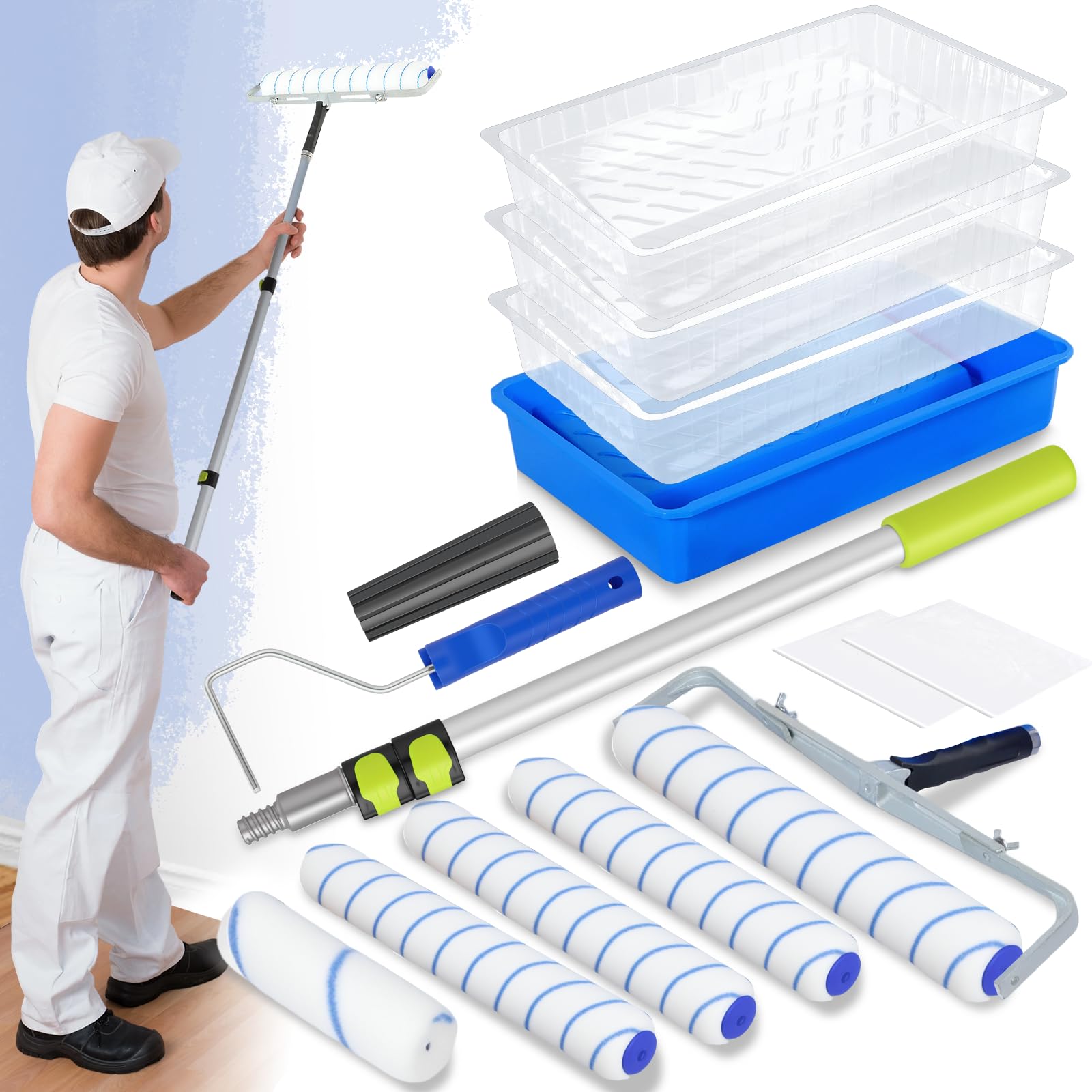 Photo 1 of 18 Inch Paint Roller Kit, 14 Pack Paint Roller Set with 2-4 Ft Extension Pole, Paint Tray Liners with Plastic Sheeting for Painting Walls Ceilings House Corner Stain
