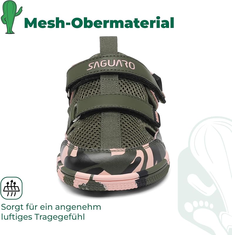 Sandalen Jungen Barfußsandalen Kinder Sommerschuhe Geschlossener Zehenkapper Wassersandalen Klettverschlusses Kindersandalen für Kindergarten Alltag Outdoor Armeegrün, 35