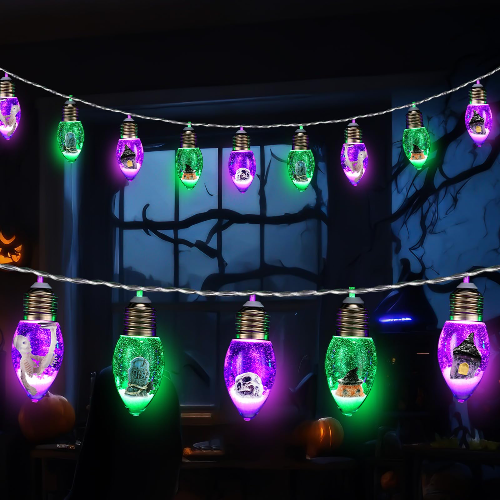 Photo 1 of ***Factory seal***

Aurelema 2 Pcs Halloween Bulb String Lights Decorations 6.6 ft 10 LED Battery Operated Skull Pumpkin Tombstone String Lights for Home Window Holiday Indoor Outdoor Decor (Green and Purple)