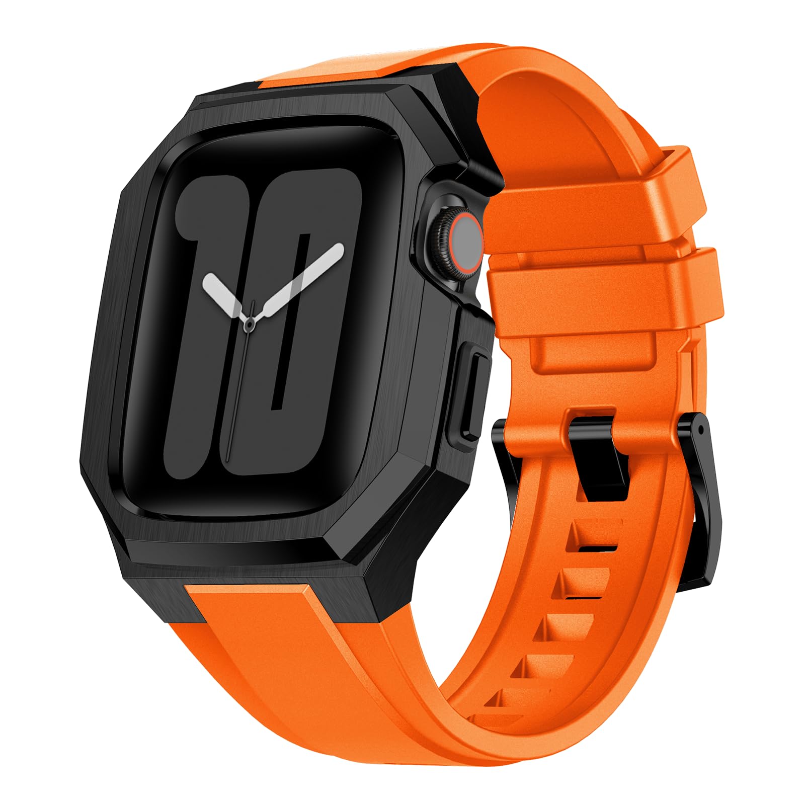 AIRYZGOOD Luxury Metal Case with Band Compatible for Apple Watch Band 44mm 45mm,Men Rugged Protective Bumper Cover with Soft Silicone Strap for iWatch Series 9/8/7(Black/Orange 45MM)