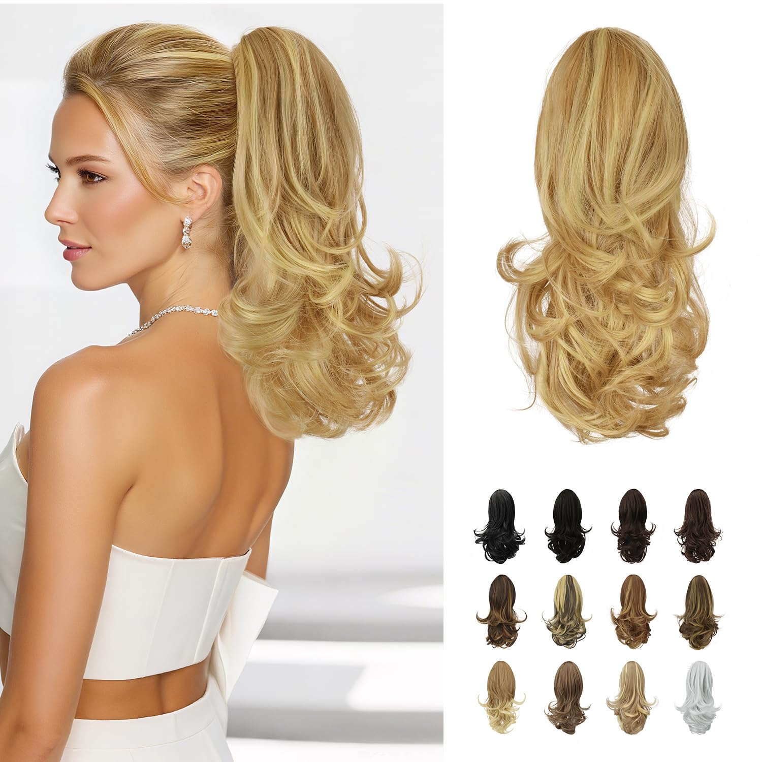Sofeiyan 13" Ponytail Extension Long Curly Ponytail Clip in Claw Hair Extension Natural Looking Synthetic Hairpiece for Women,Light Blonde/Platinum Blonde mix