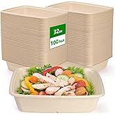 Eorbow 100 Pack 32 oz Rectangle Paper Bowls, 9" Disposable Large Salad Bowl, Microwavable Bagasse Lunch Plate for School, Heavy Duty Food Catering Container for Burrito Baked Potato Taco Nacho Party