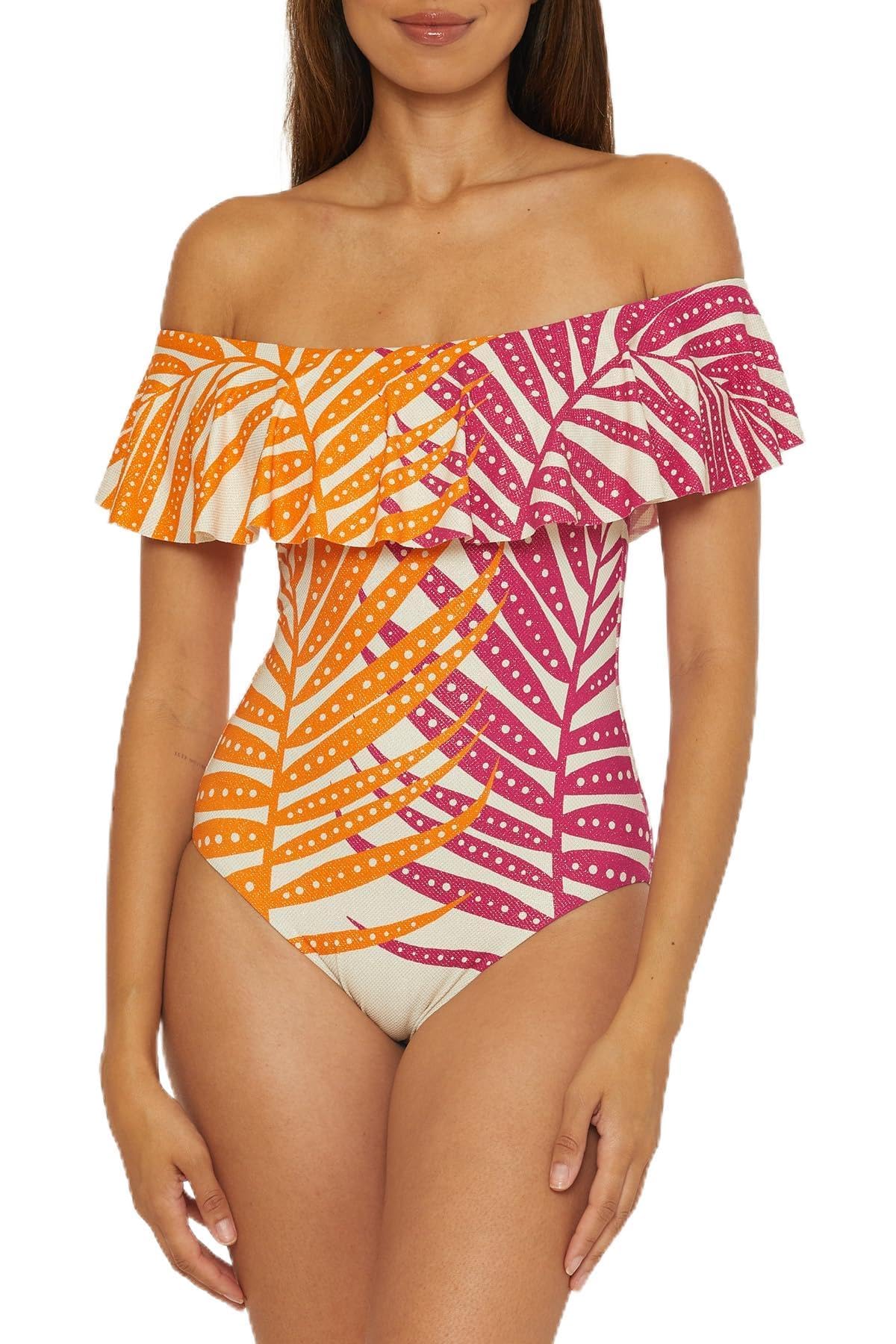Photo 1 of Trina Turk Women's Standard Sheer One Piece Swimsuit, Off Shoulder, Tropical Palm Leaf Print, Bathing Suits, Multicolor