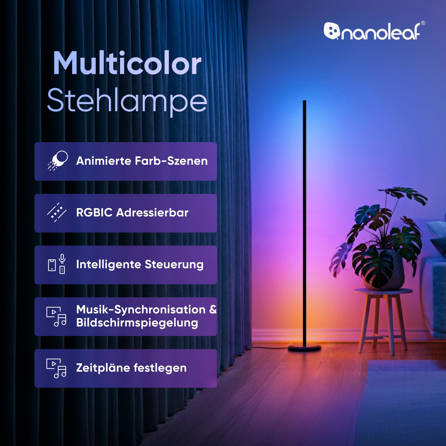 Nanoleaf Matter Smart Stehlampe Schwarz, RGB IC LED Floor Lamp Dimmbar, Musik Sync, Dynamische Gradient Szenen, 1700lm, App & Sprachsteuerung (Funktion mit Alexa, Apple), Schlafzimmer Gaming Deko 2