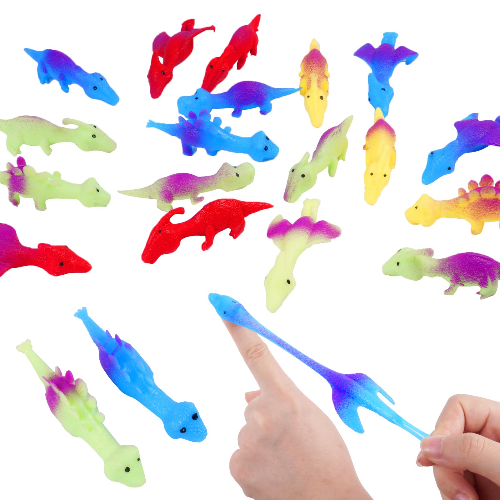 Ainiv 20PCS Slingshot Dinosaur Finger Toys, Rubber Stretchy Slingshot Dinosaurs, Dinosaur Finger Slingshots Christmas Stocking Fillers, Fun Stretchy Flick Dinosaur Slingshot Toy for Girls Boys Age3+