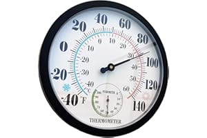 RTWAW Indoor Outdoor Thermometer Large Wall Thermometer-Hygrometer Waterproof Does not Require Battery (Black)