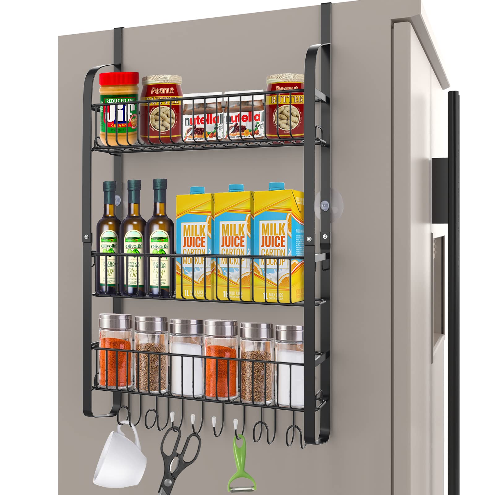 Yiomxhi Spice Rack for Fridge, Hanging Fridge Shelf with 8 Hooks, 3 Tier Refrigerator Storage Rack Space Saving Kitchen Seasoning Organizer, Black