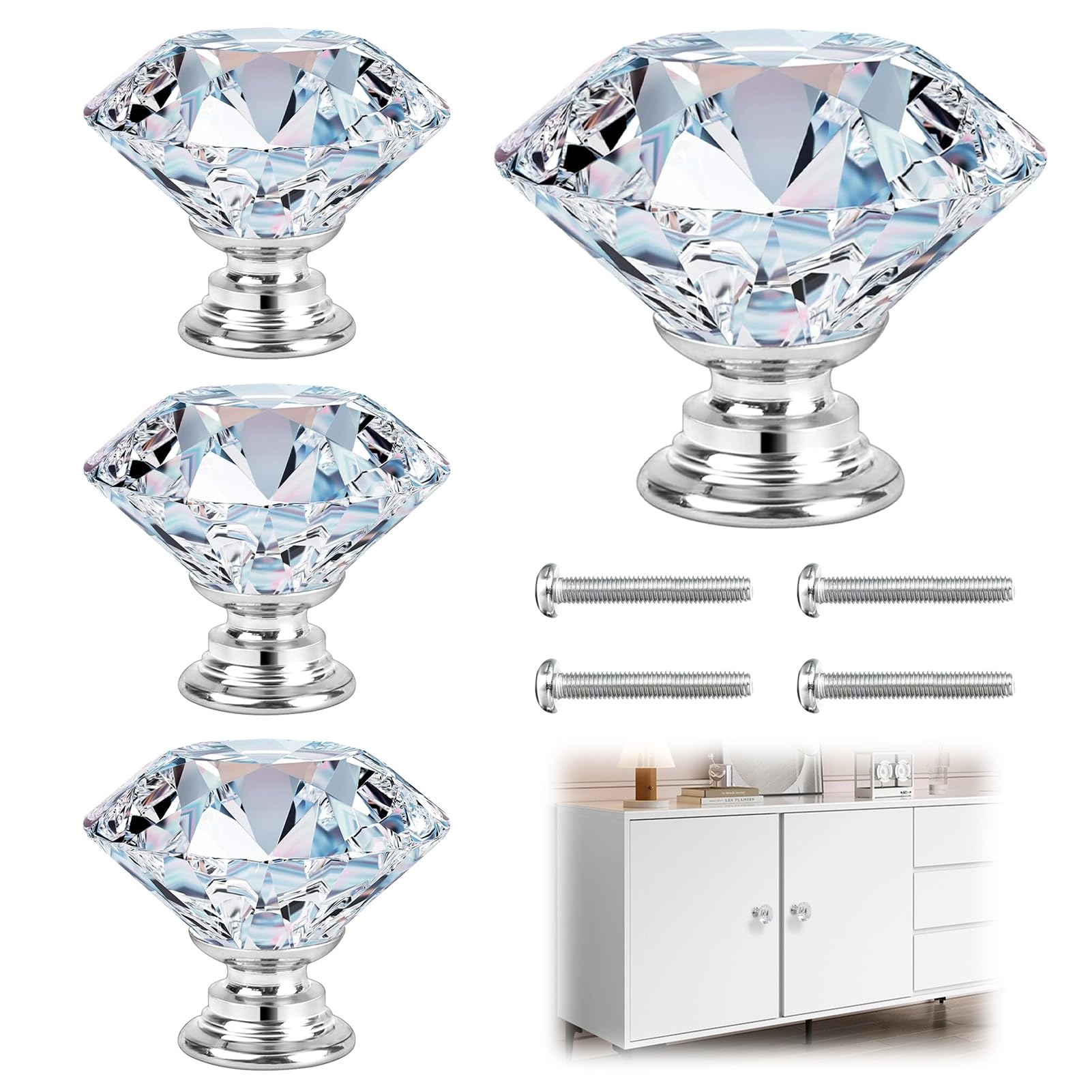 Makloee Drawer Knobs, 4Pcs Cabinet Knobs with 4 Screws, 20mm Drawer Handles Crystal Glass Diamond Shaped Cupboards Door Knobs for Wardrobes Drawers Bathroom Cabinet(Silver)