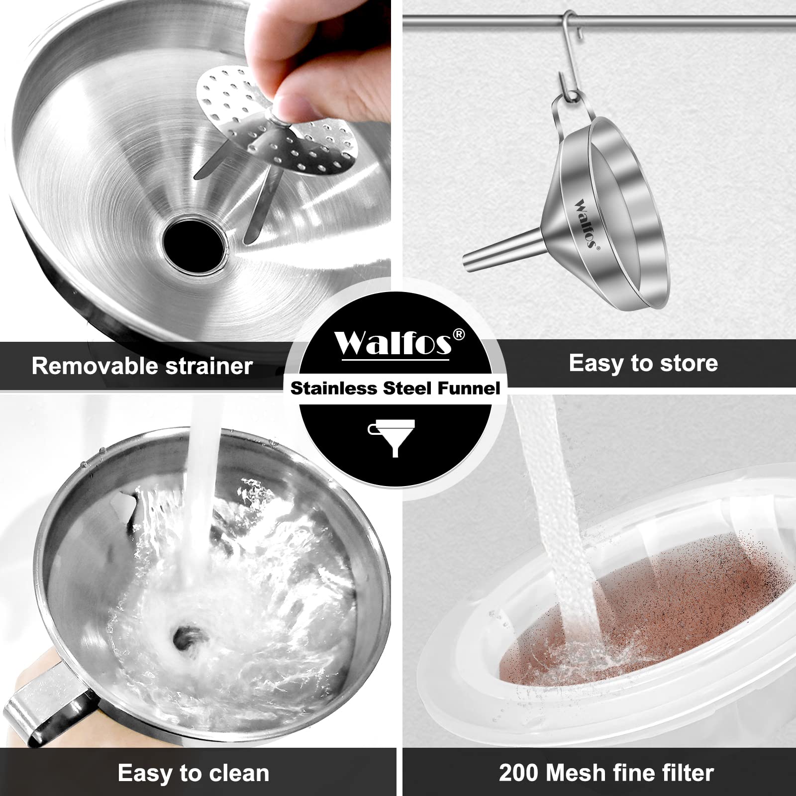 Walfos 3Pcs Kitchen Funnel with 2 Removable Strainer ＆ 1 Cleaning Brush & 1Pc 200 Mesh Food Filter Strainer, Food Grade Stainless Steel Funnel for Transferring of Liquid, Oils, Jam, Dry Ingredients