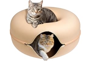 Gleejoy Peekaboo Cat Cave for Multiple Cats/Large Cats, Cat Caves for Indoor Cats Up to 9 Lbs, Cat Tunnel Bed, Scratch Detachable and Washable Large Donut Cat Bed, Yellow