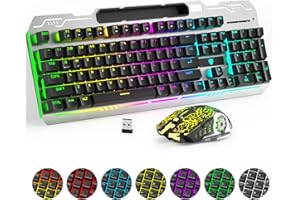 XISOGUU Wireless Gaming Keyboard and Mouse Combo, RGB Backlit Rechargeable 2000 mAh Battery, Mechanical Feel Anti-ghosting Keyboard + 6D 4800DPI Mice for PC Gamer