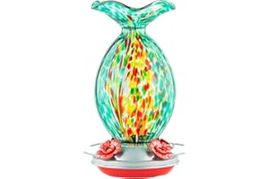 Muse Garden Hummingbird Feeders for Outdoors Hanging, Blown Glass Hummingbird Feeder, Containing Ant Moat, 32 Ounces, Mermaid Feeder+ Built-in Ant Moat, Emerald Peacock