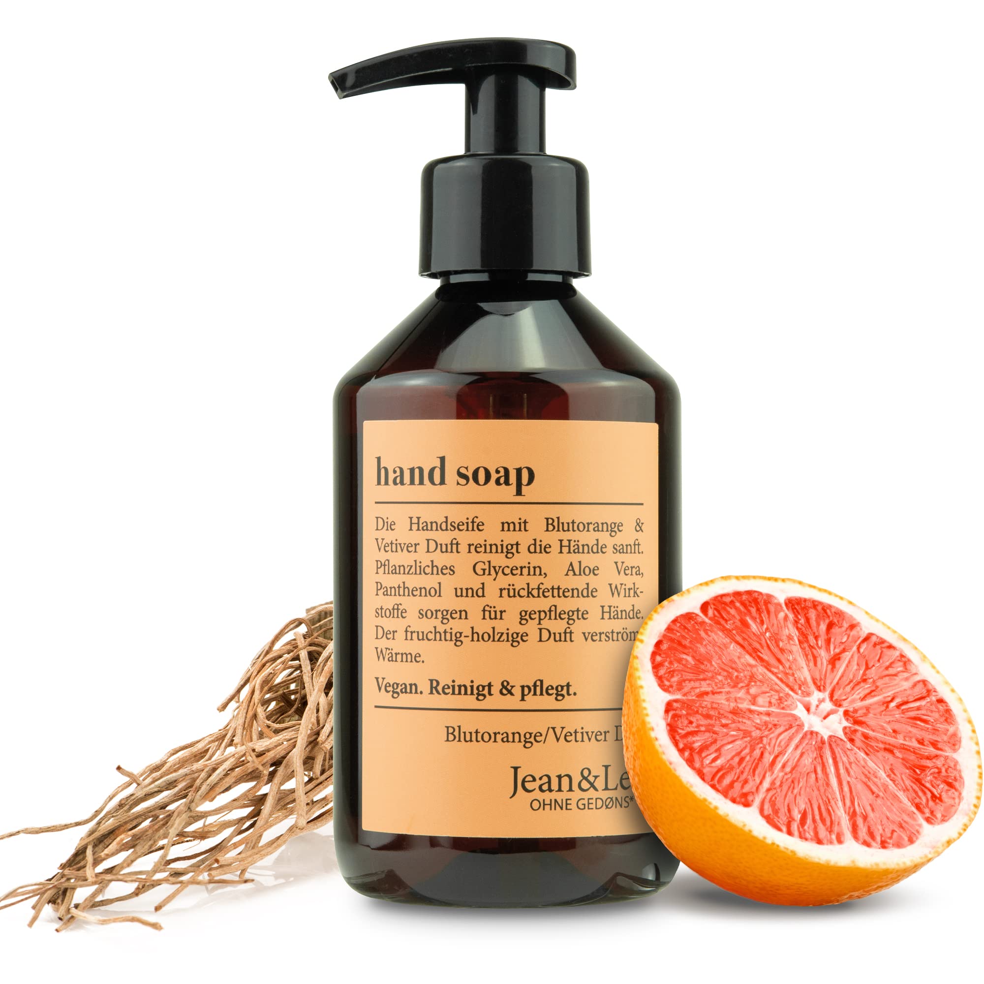 Jean & Len Handseife Blutorange & Vetiver, reinigt Hände sanft, Flüssigseife im Pumpspender für Reine und gepflegte Hände, fruchtig-holziger Duft, ohne Parabene & Silikone, vegan, 250 ml