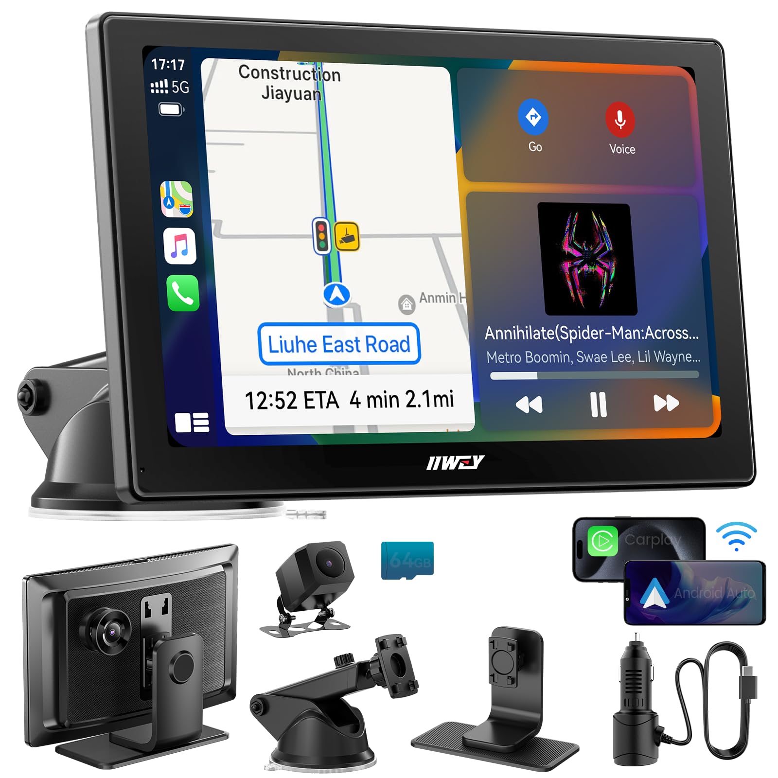 Photo 1 of IK5 9" Wireless Apple CarPlay & Android Auto Screen, Portable Car Stereo with 4K Dash Cam & 1080p Backup Camera, Add CarPlay to Any Vehicle, Touchscreen, GPS, Mirror Link