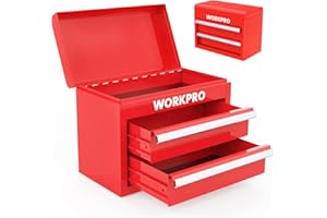 WORKPRO Mini Metal Tool Box with 2 Drawers and Top Storage, Small Tool Chest with PVC Liners and PP Feet Pads, Cold Rolled Steel Toolbox with Magnetic Tab