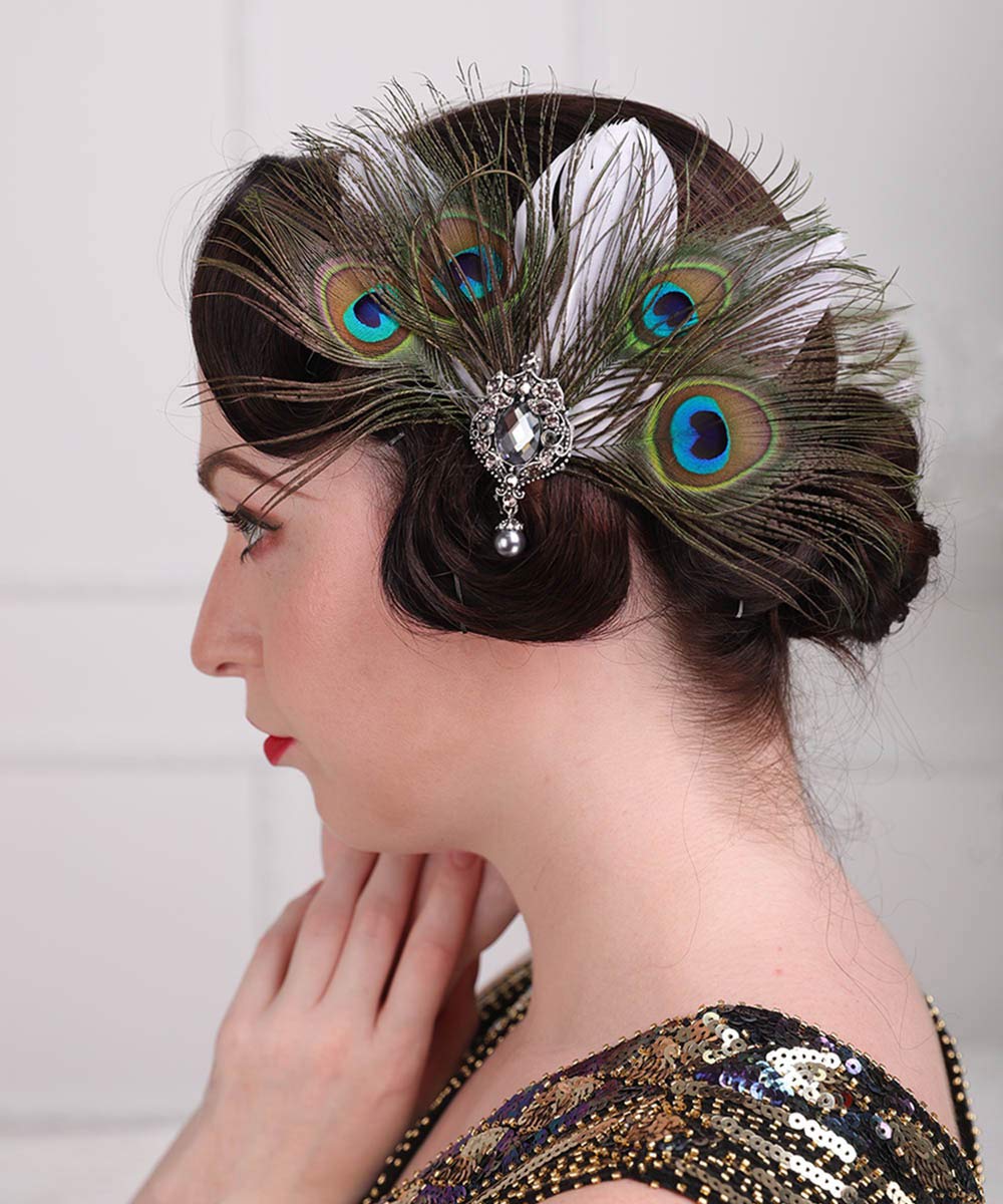 Anglacesmade 1920s Flapper Peacock Feather Hair Clip Great Gatsby Headpiece Vintage Roaring 20s Masquerade Hair Accessories for Women and Girls