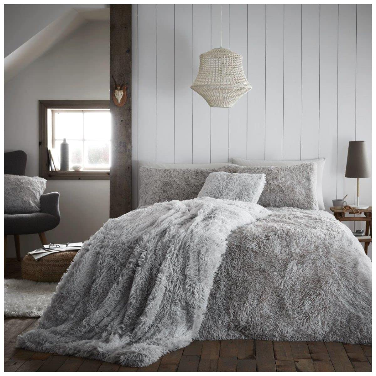 GC GAVENO CAVAILIA Shaggy Faux Fur Bedding Set King Size Luxury Fleece Hug & Snug Fluffy Duvet Cover with Matching Pillowcases - Easy Care Warm & Cosy Plush Fleece Quilt Cover, Silver