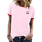 Cherry Embroided Print Shirts for Women: Coquette Bow Cherry Graphic Tee Summer Short Sleeve Tops