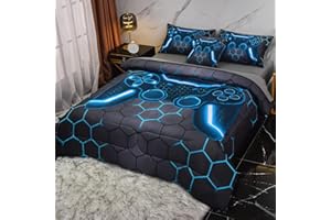 Keyroal 6Pcs Game Console Comforter Set with Sheets for Boys Girls Kids Teens, Geometric Gaming Themed Bed in A Bag Twin Size, Blue 3D Video Gamer Controller Bedroom Decor Bedding Set
