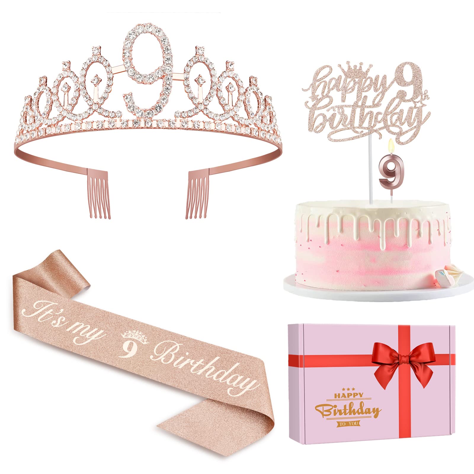 Photo 1 of 9th Birthday Decorations for Girl Including Sash, Crown, Numeral Candle and Cake Topper, 9 Year Old Girls Party Favor Supplies