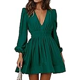 FAIABLE Mini Deep V Sexy Long Sleeve Dress for Women A-line High Waisted Casual Flowy Dress for Cocktail Wedding Guest