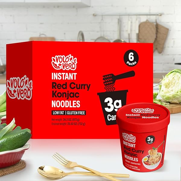 VOLO VERO KONJAC NOODLES INSTANT SOUP CUP SPICY RED CURRY, 6 PACKS, GLUTEN FREE, KETO, LOW CARB, LOW CALORIE, LOW SUGAR, LOW GI, SHIRATAKI NOODLE ANGEL HAIR PASTA, HEALTHY DIET FOOD HOLIDAY GIFTS